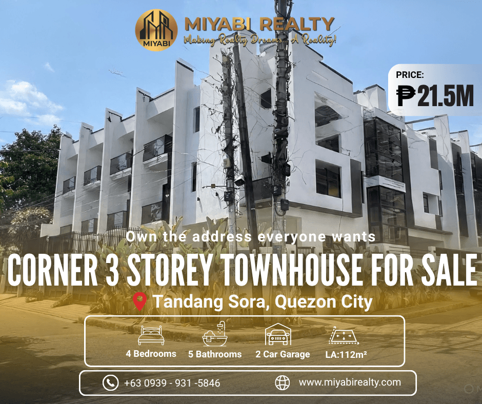Ready For Occupancy 21.5M (Corner Lot) Brand New 3 Storey Townhouse  For Sale in Tandang Sora Quezon City - LSS