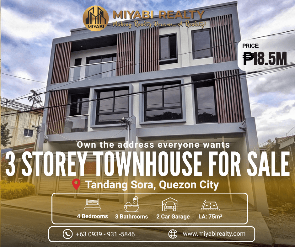 18.5M Brand New 3 Storey Townhouse with 4BR For Sale Near Mindanao Ave Ext in Tandang Sora Quezon City - LSS