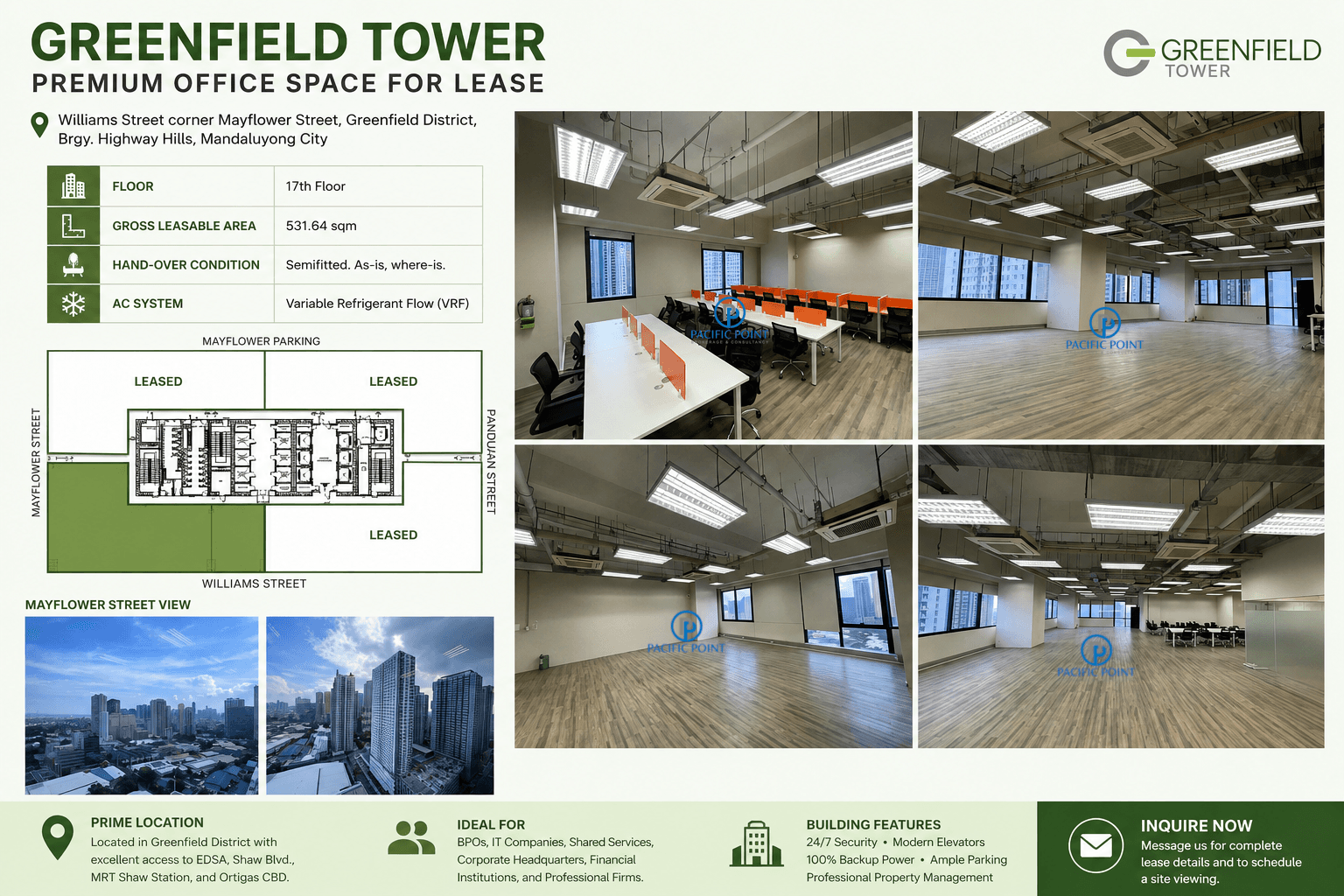 Greenfield Tower Office for Lease | 531.64 sqm | Semi-Fitted | Mandaluyong