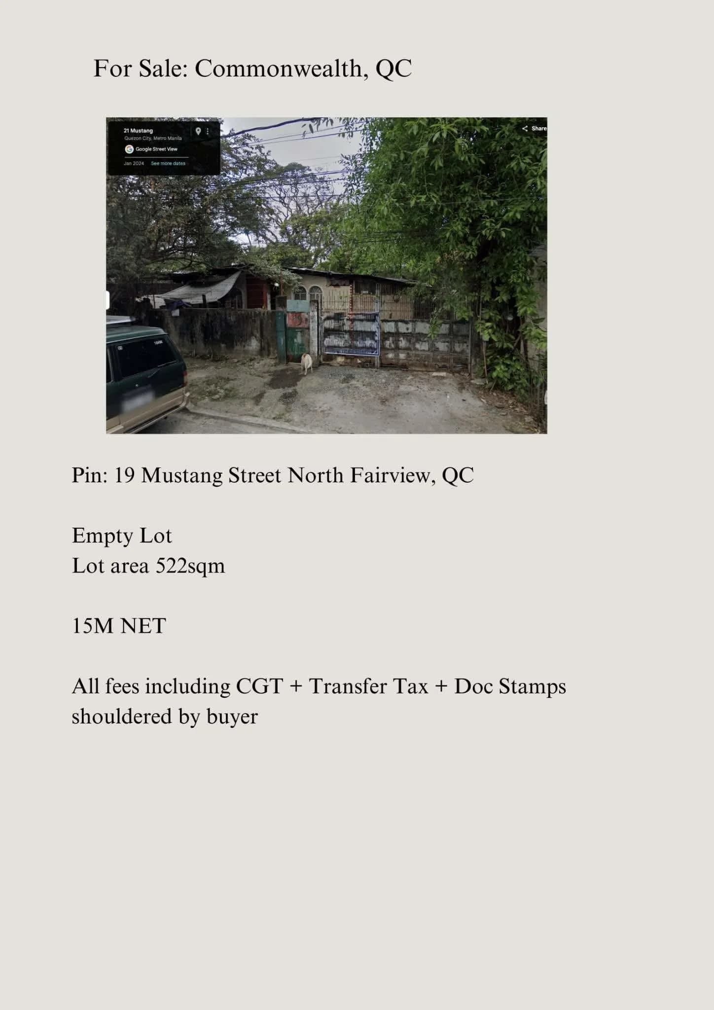 North Fairview Qc Vacant Lot Commercial | 522sqm Lot for Sale in Quezon City
