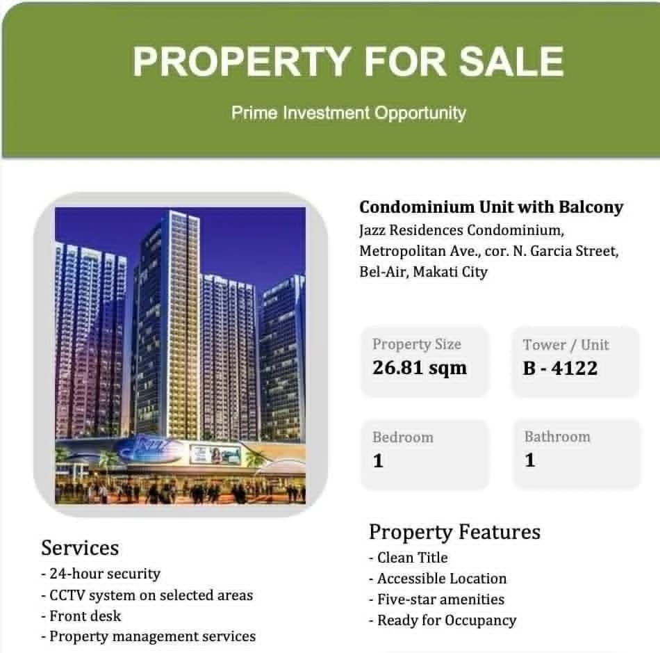 Jazz Residence Condominium | 1BR 27sqm Condo for Sale in Makati City