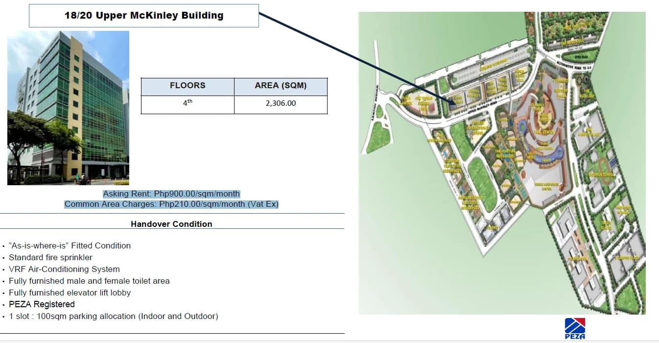 18/20 Upper Mckinley Bldg | 2306sqm Office Space for Rent in Taguig City - Mckinley