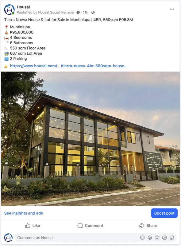 Property automatically distributed to Housal Facebook page with 36,000+ followers